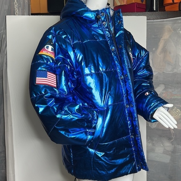 Champion Sz L NASA USA Metallic Blue Hooded Puffer Jacket Limited Edition - Picture 2 of 15